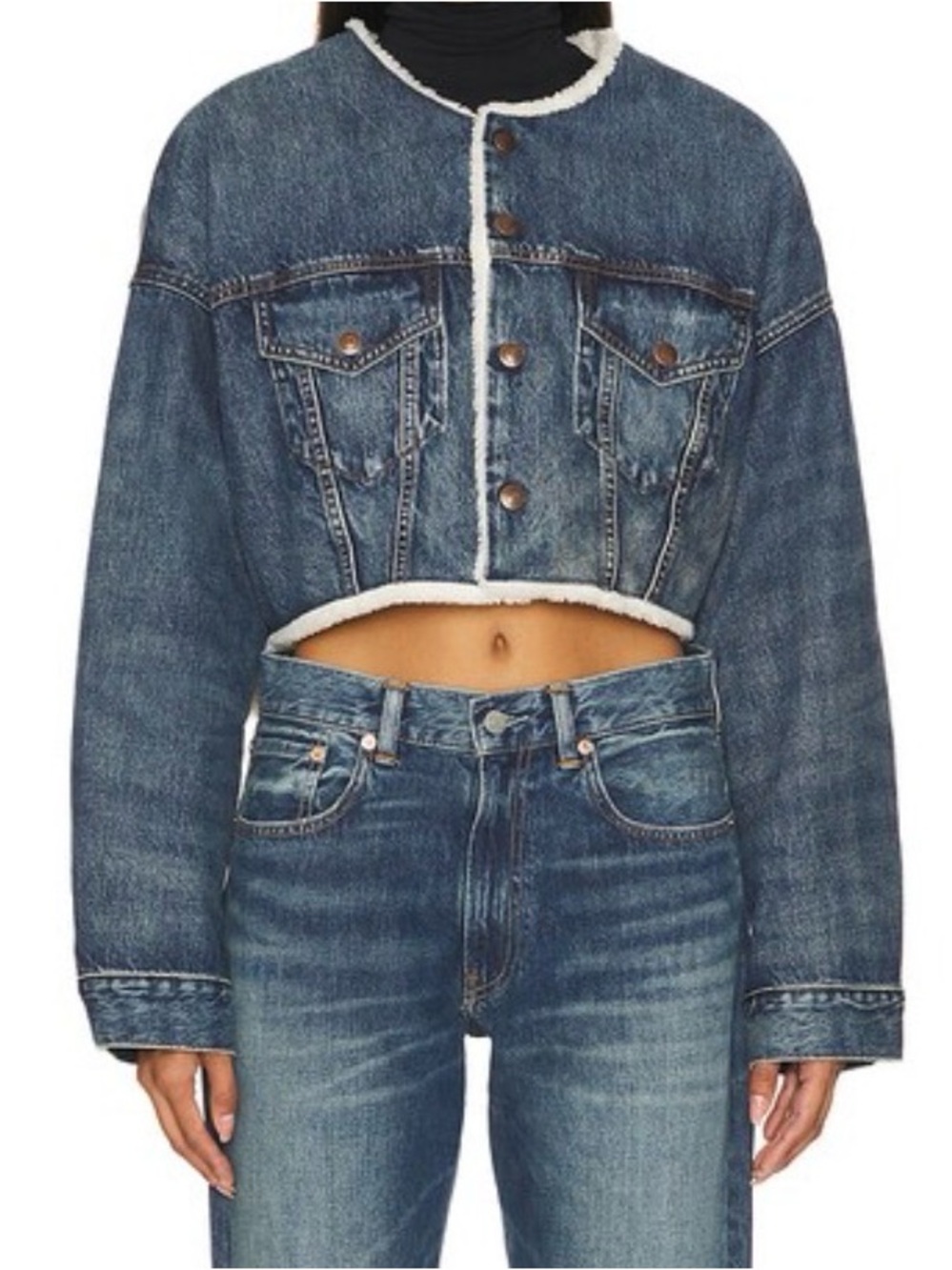 Denimist Cropped Blue Denim Jean Jacket with Faux Shearling Trim NWOT